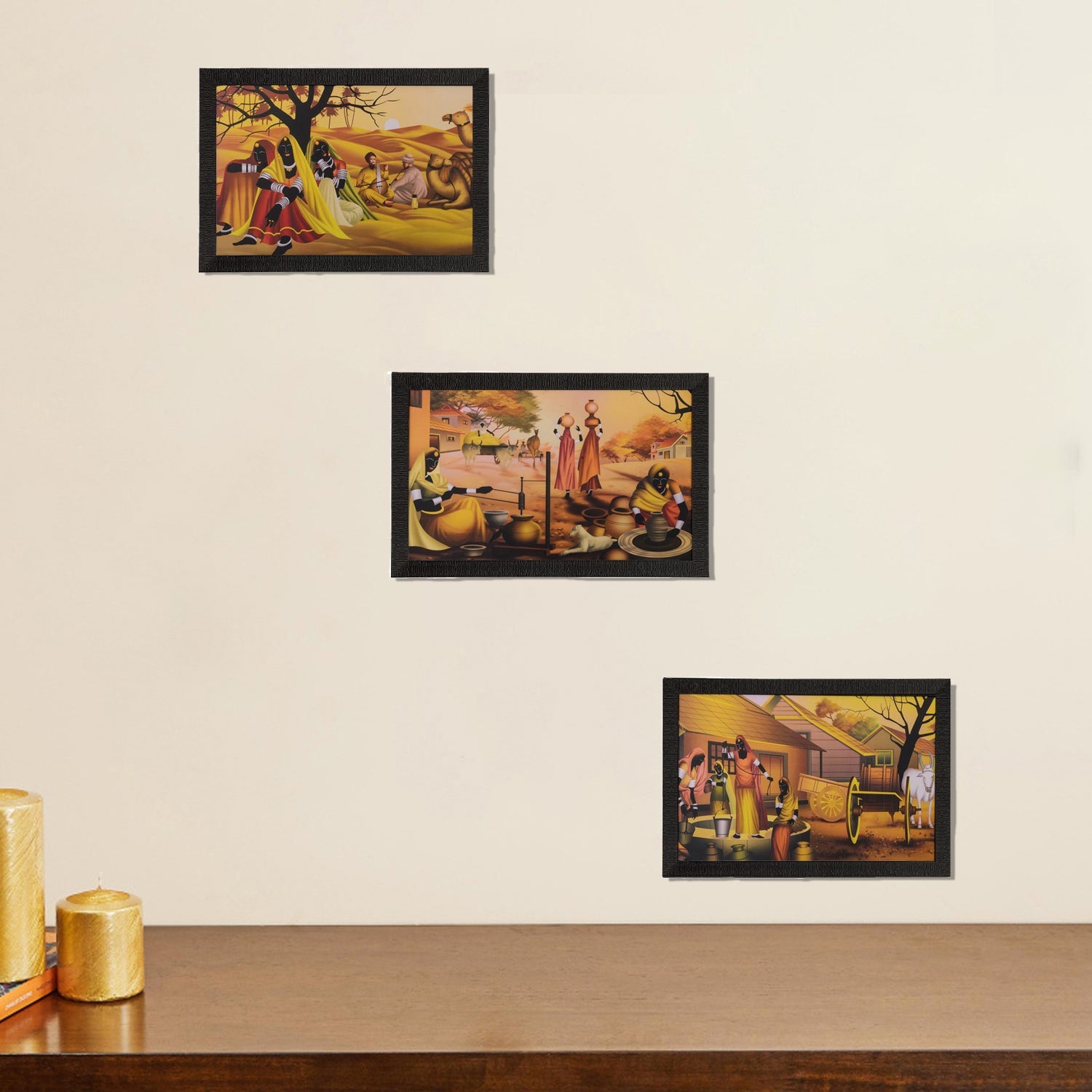 Set of 3 Village Scene Satin Matt Texture UV Art Painting Kafalo