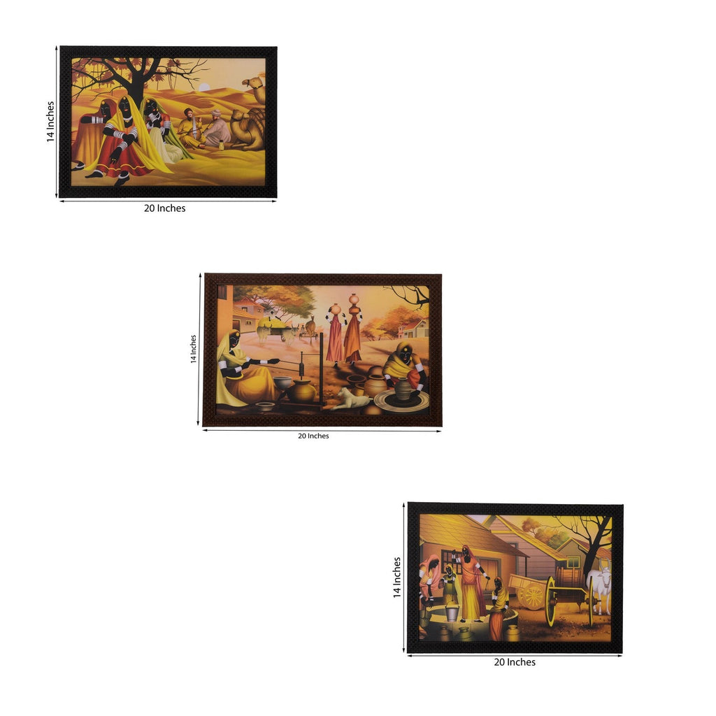 Set of 3 Village Scene Satin Matt Texture UV Art Painting Kafalo