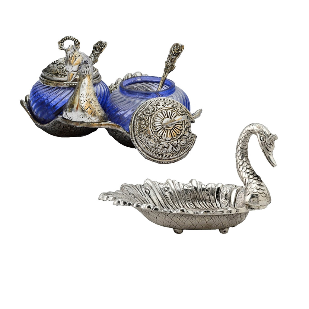 Combo Of Swan Shaped Crystal Mouth Freshener Containers With 2 Spoons And Duck Shaped Dryfruit Tray Kafalo
