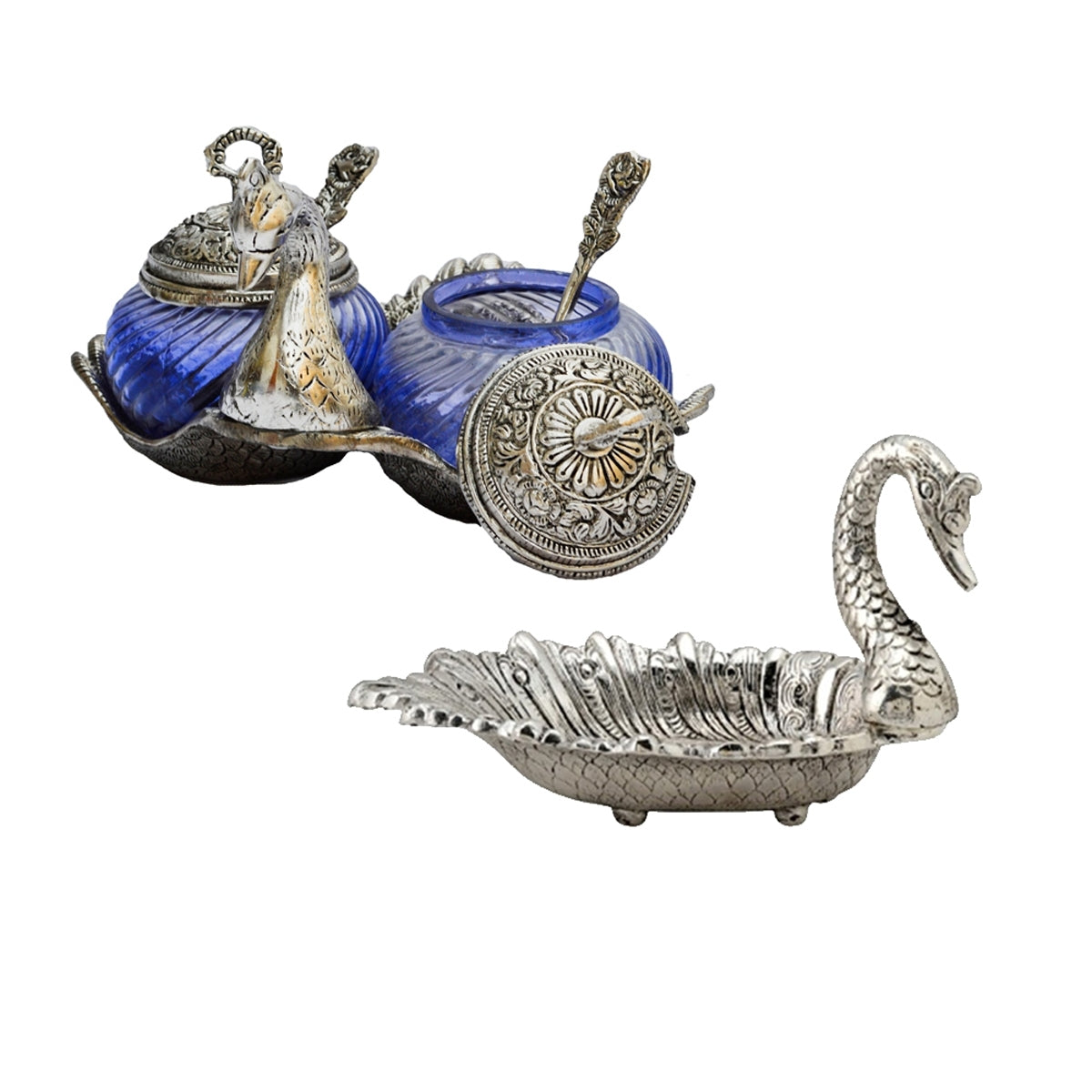 Combo Of Swan Shaped Crystal Mouth Freshener Containers With 2 Spoons And Duck Shaped Dryfruit Tray Kafalo