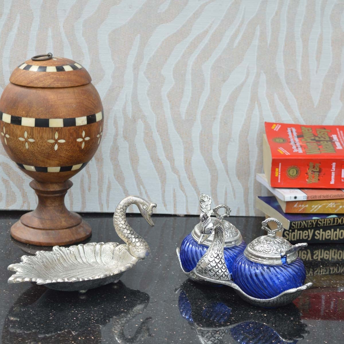 Combo Of Swan Shaped Crystal Mouth Freshener Containers With 2 Spoons And Duck Shaped Dryfruit Tray Kafalo