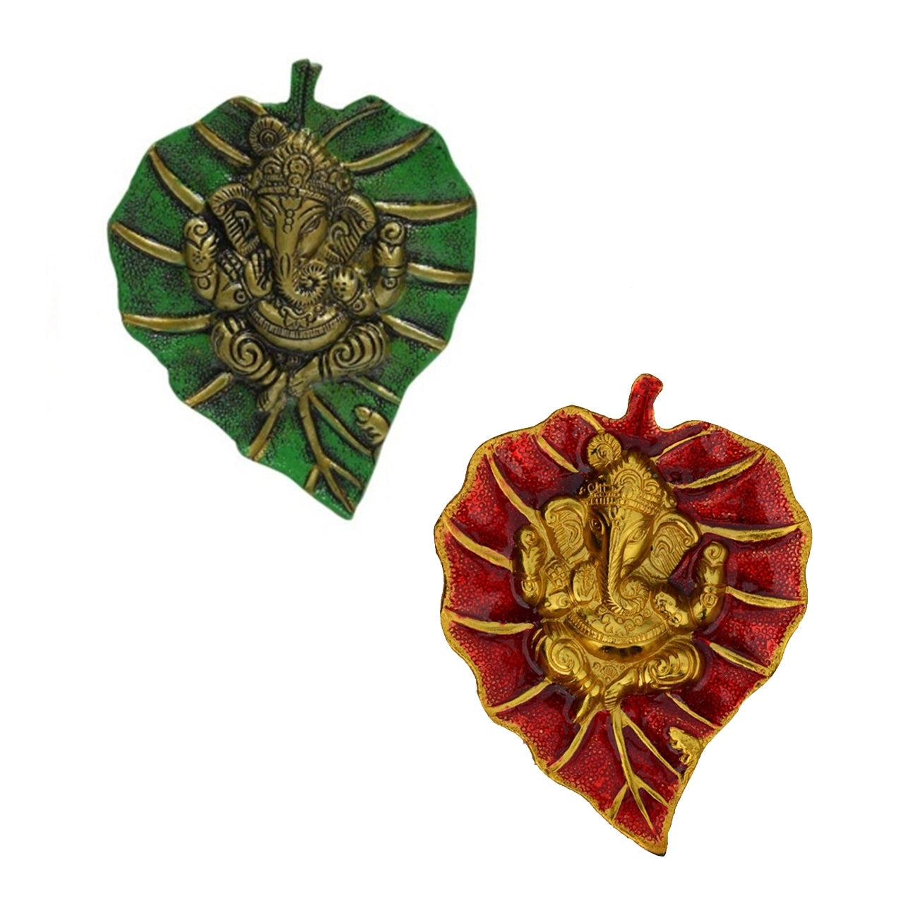 Lord Ganesha Idol On Green And Red Leaf Set Of 2 Metal Wall Hangings Kafalo