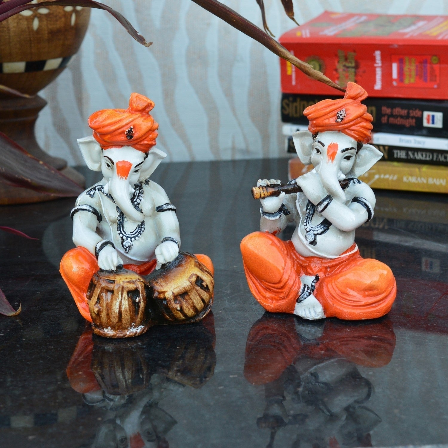 Set Of 2 Lord Ganesha Idols Playing Tabla And Flute Kafalo