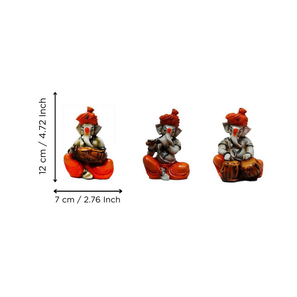 Orange Set of 3 Polyresin Ganesha Idol Playing Tabla, Flute and Dholak Kafalo