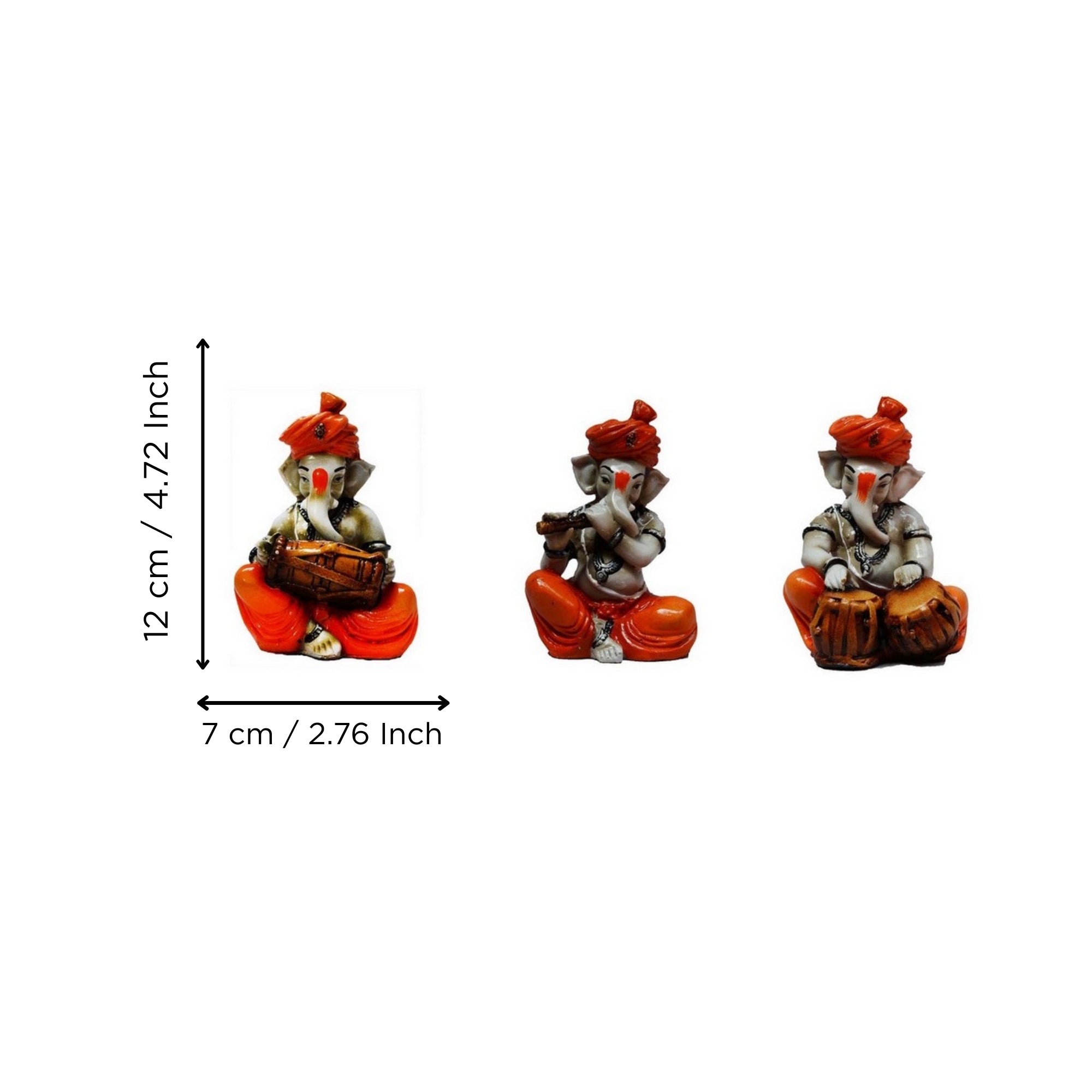 Orange Set of 3 Polyresin Ganesha Idol Playing Tabla, Flute and Dholak Kafalo