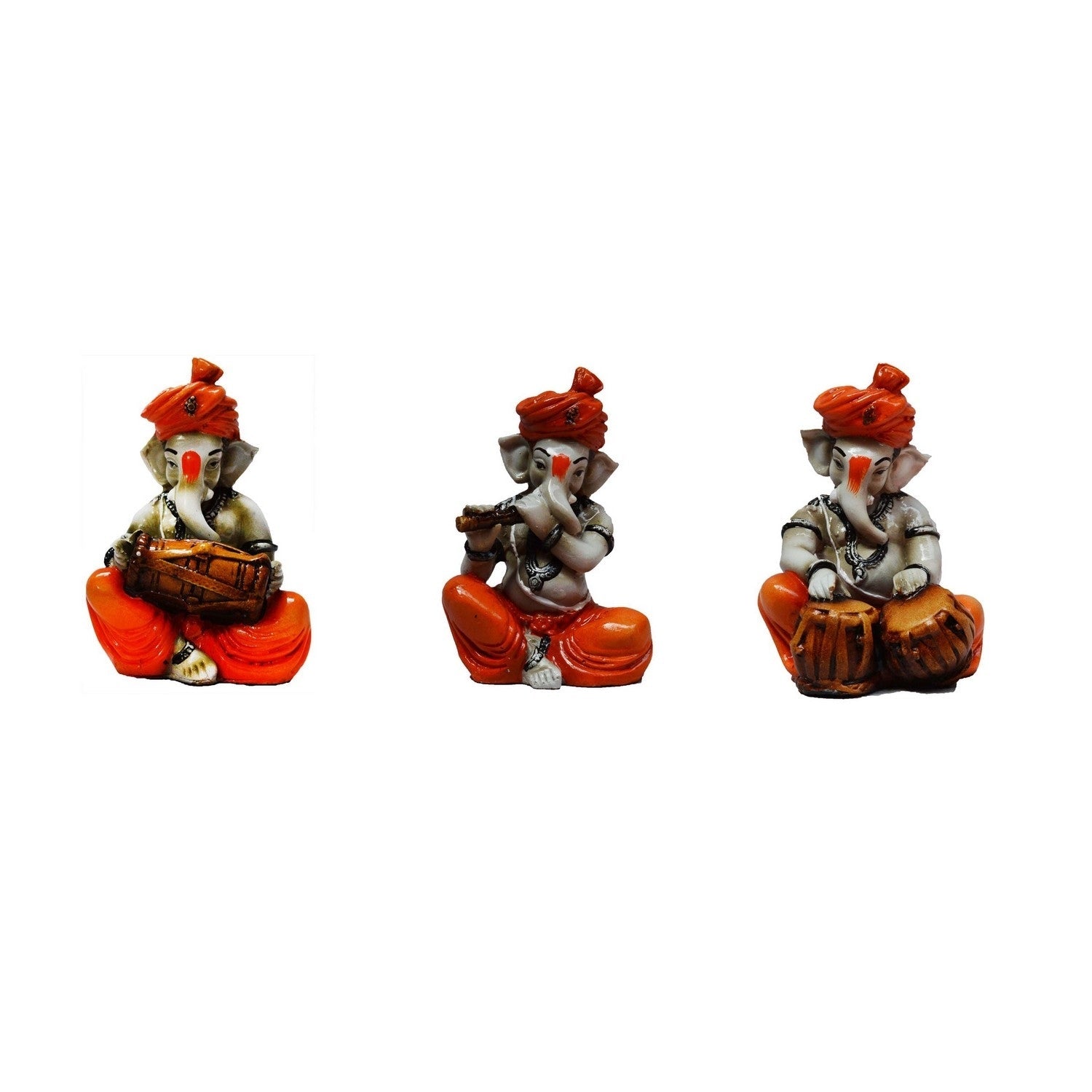 Orange Set of 3 Polyresin Ganesha Idol Playing Tabla, Flute and Dholak Kafalo
