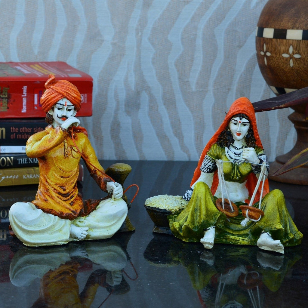Combo of Rajasthani Hookah Man and Lady Statue Kafalo