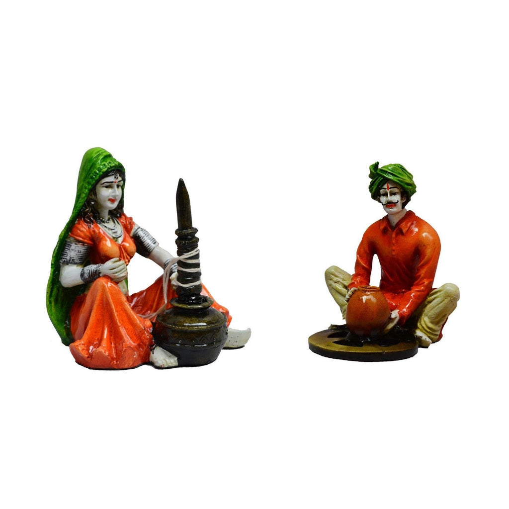 Rajasthani Craftman making pot and Lady using Makhan Handi Human Figurines Decorative Showpieces Kafalo