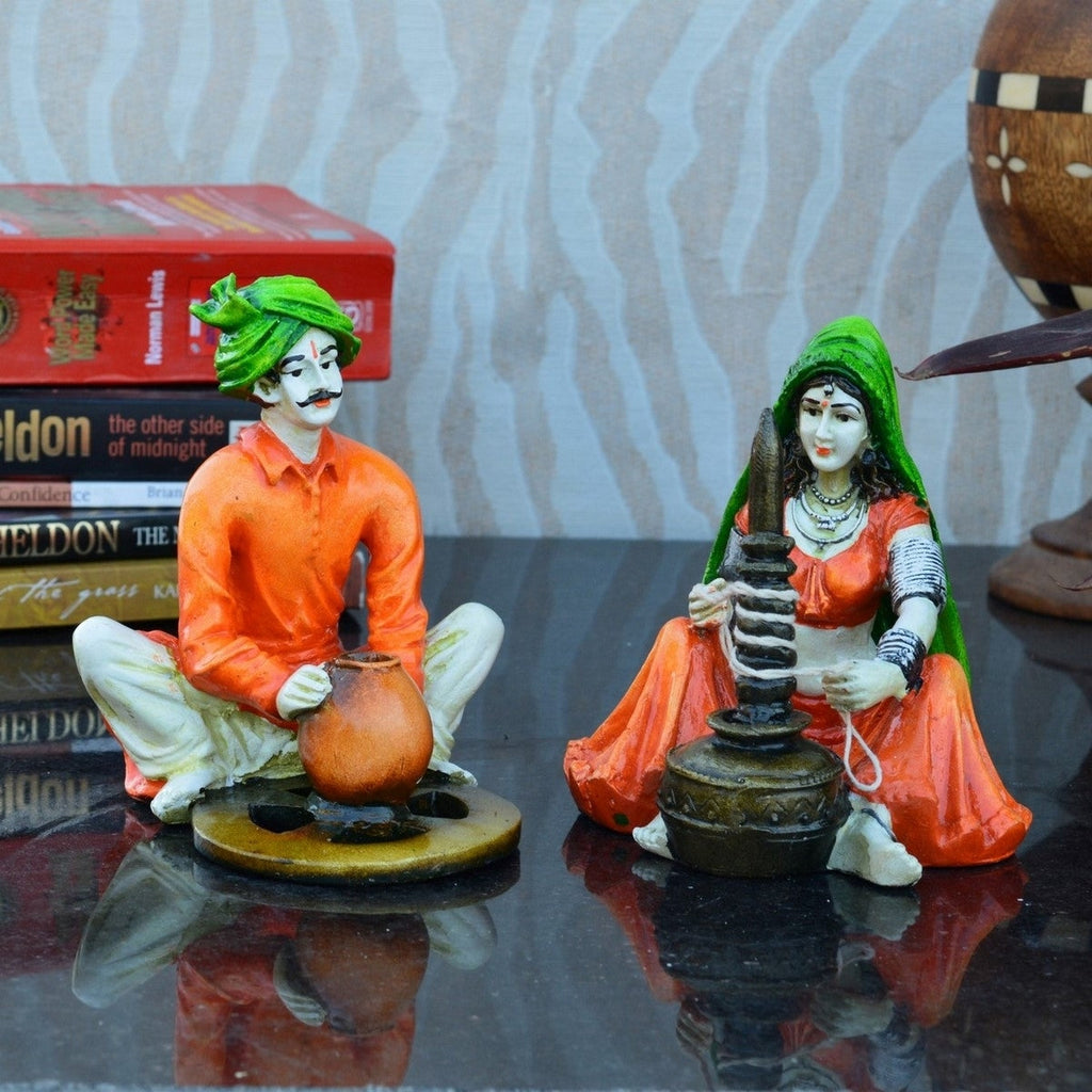 Rajasthani Craftman making pot and Lady using Makhan Handi Human Figurines Decorative Showpieces Kafalo
