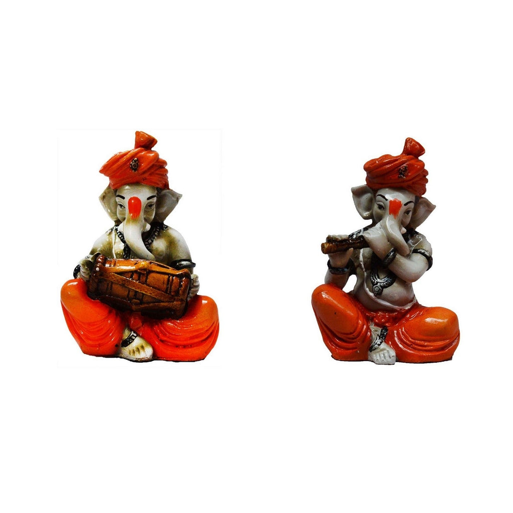 Set Of 2 Lord Ganesha Idols Playing Dholak And Flute Kafalo