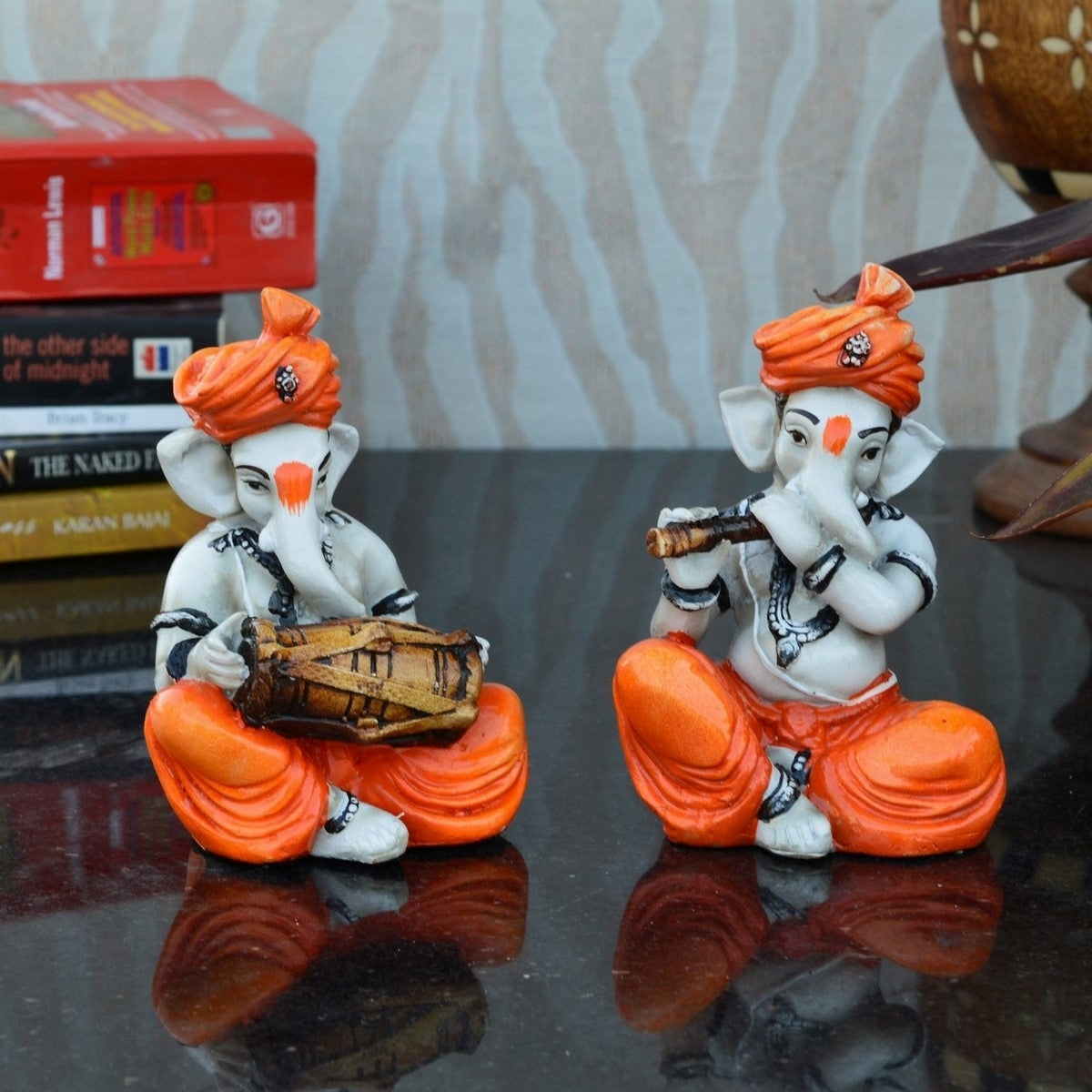 Set Of 2 Lord Ganesha Idols Playing Dholak And Flute Kafalo