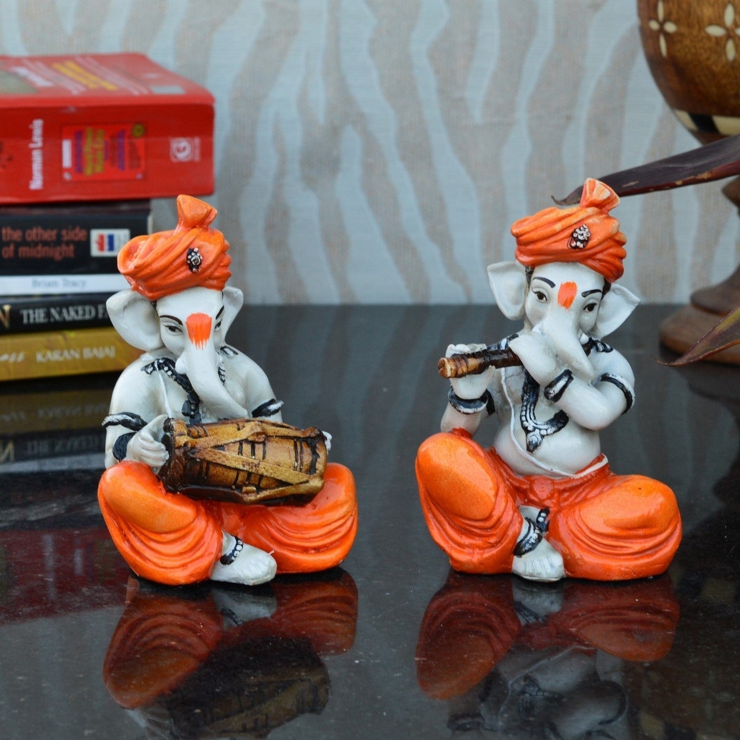 Set Of 2 Lord Ganesha Idols Playing Dholak And Flute Kafalo