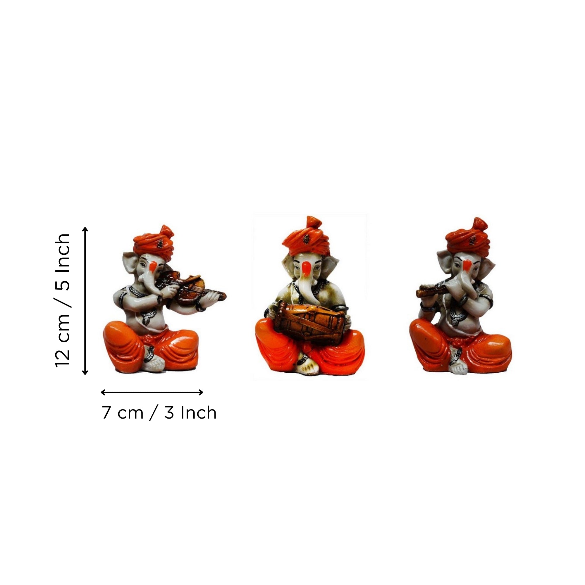 Set Of 3 Lord Ganesha Idols Playing Violen, Dholak, And Flute Kafalo