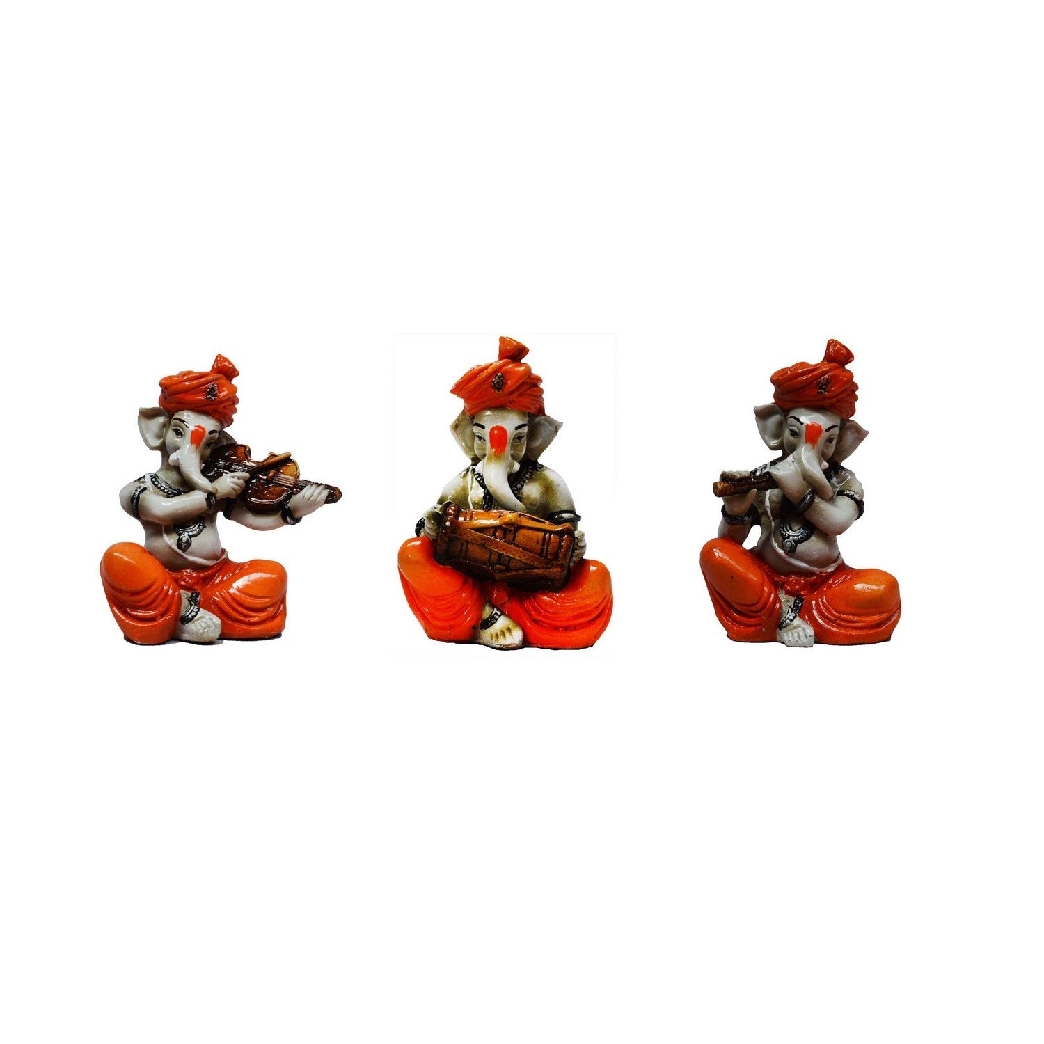 Set Of 3 Lord Ganesha Idols Playing Violen, Dholak, And Flute Kafalo