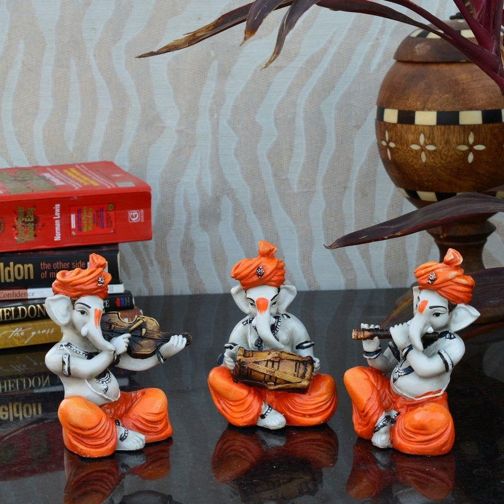 Set Of 3 Lord Ganesha Idols Playing Violen, Dholak, And Flute Kafalo