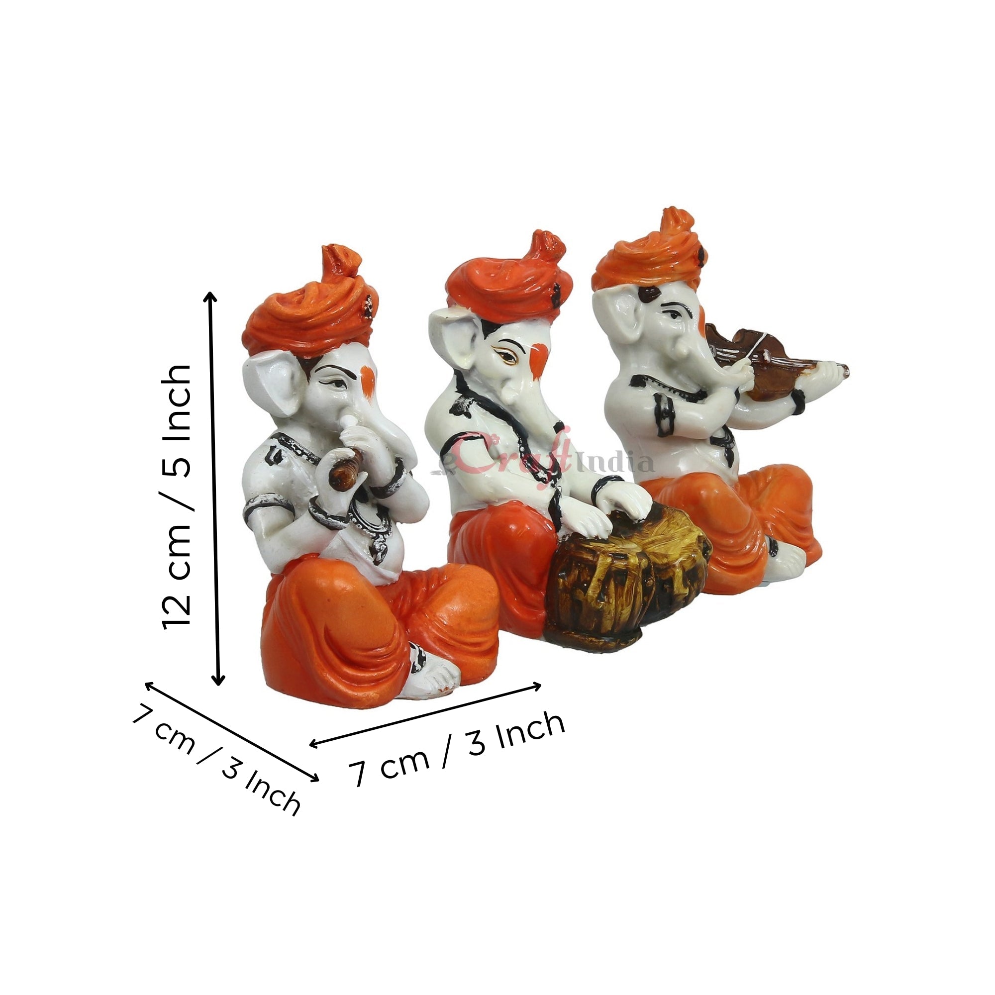 Orange Set of 3 Ganesha Idols Playing Violin, Tabla and Flute Musical Instruments Kafalo
