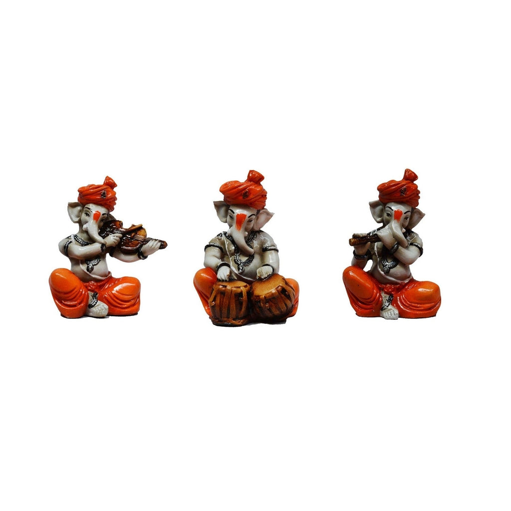 Orange Set of 3 Ganesha Idols Playing Violin, Tabla and Flute Musical Instruments Kafalo