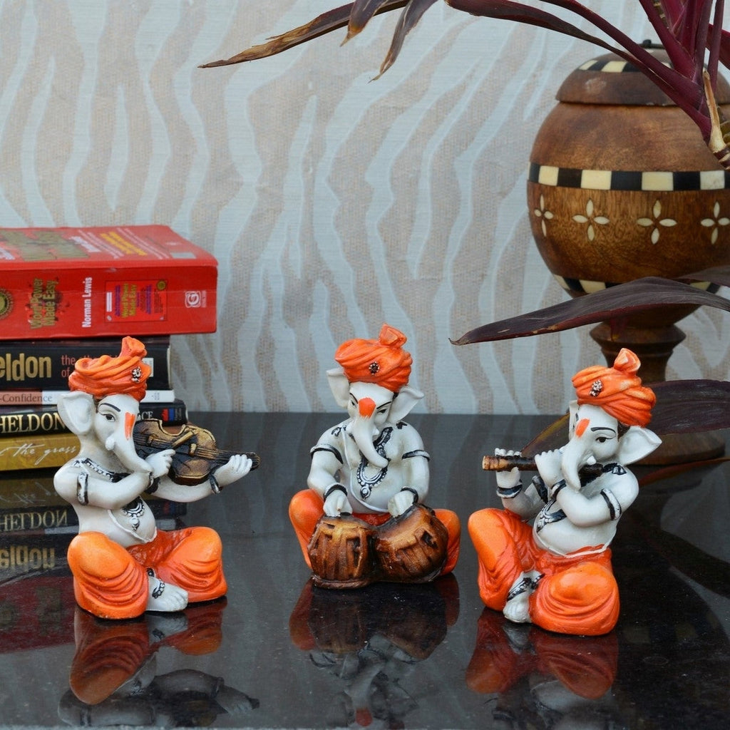 Orange Set of 3 Ganesha Idols Playing Violin, Tabla and Flute Musical Instruments Kafalo