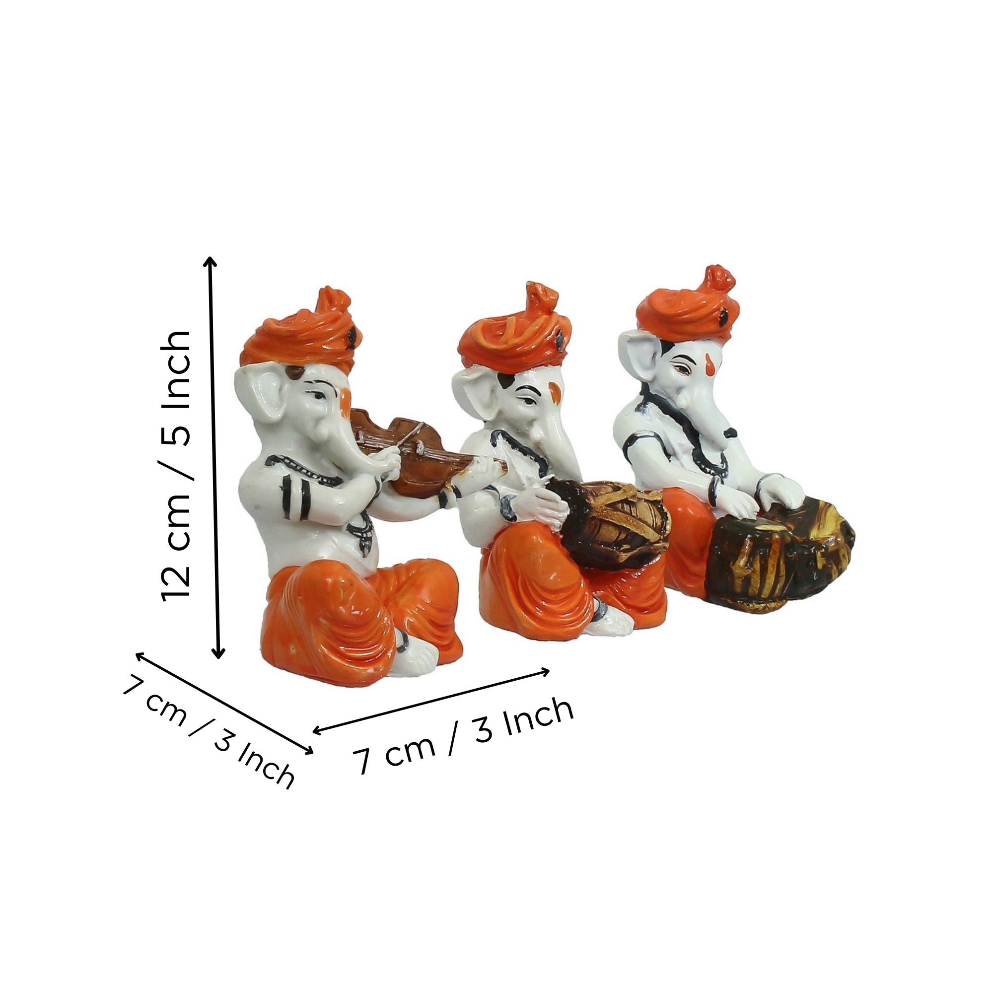 Orange Set of 3 Polyresin Ganesha Idol Playing Dholak, Violin and Tabla Kafalo