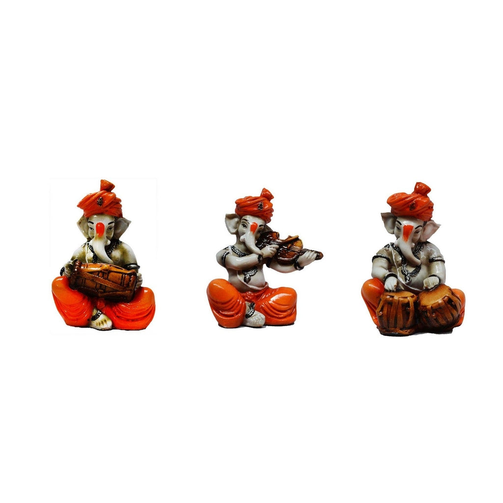 Orange Set of 3 Polyresin Ganesha Idol Playing Dholak, Violin and Tabla Kafalo