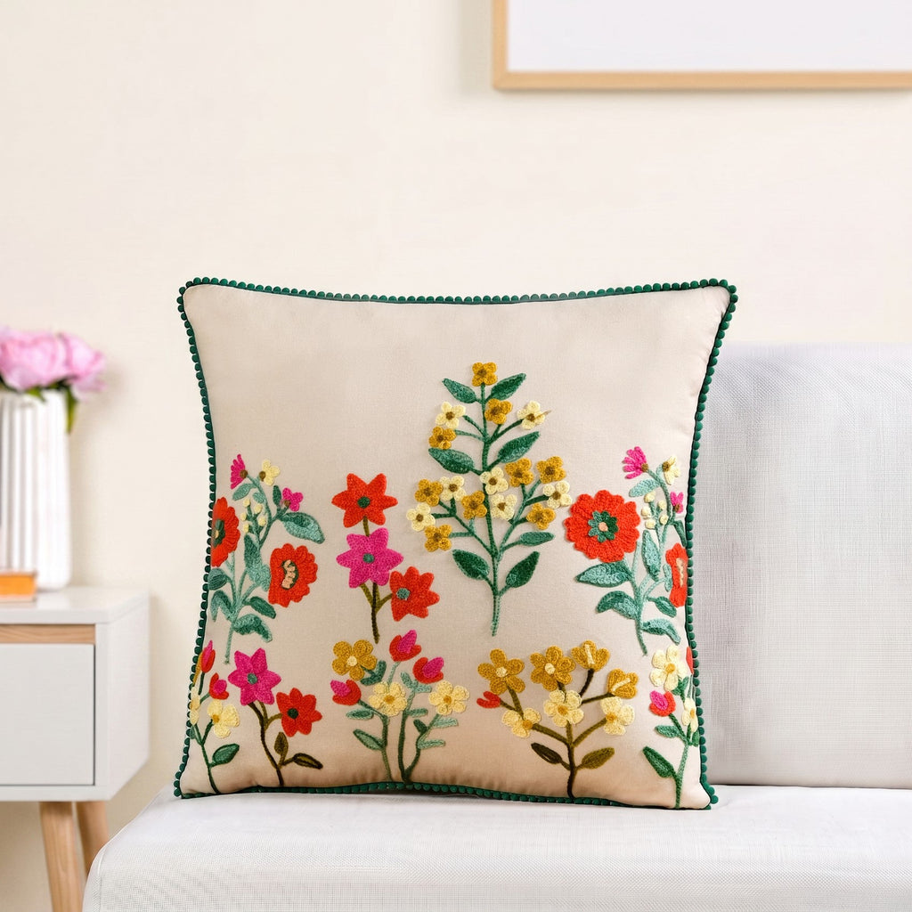 Meadow Blooms Embroidered Cotton Cushion Cover 40x40cm Nestasia