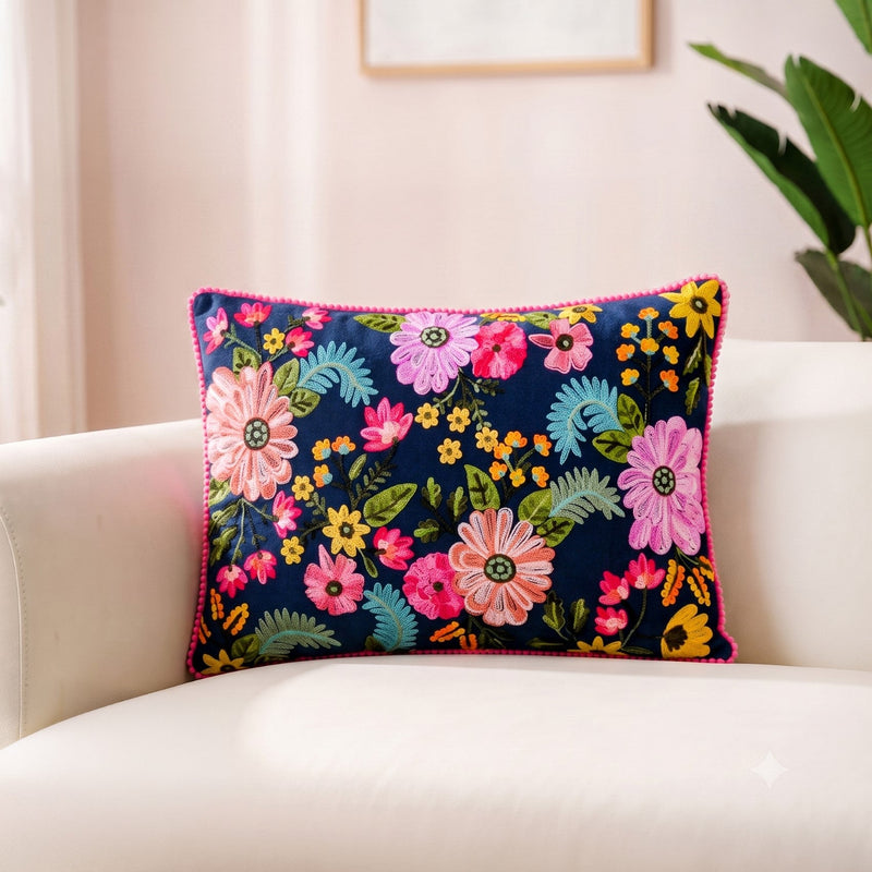 Moonlit Floral Velvet Embroidered Cushion Cover 50x35cm Nestasia
