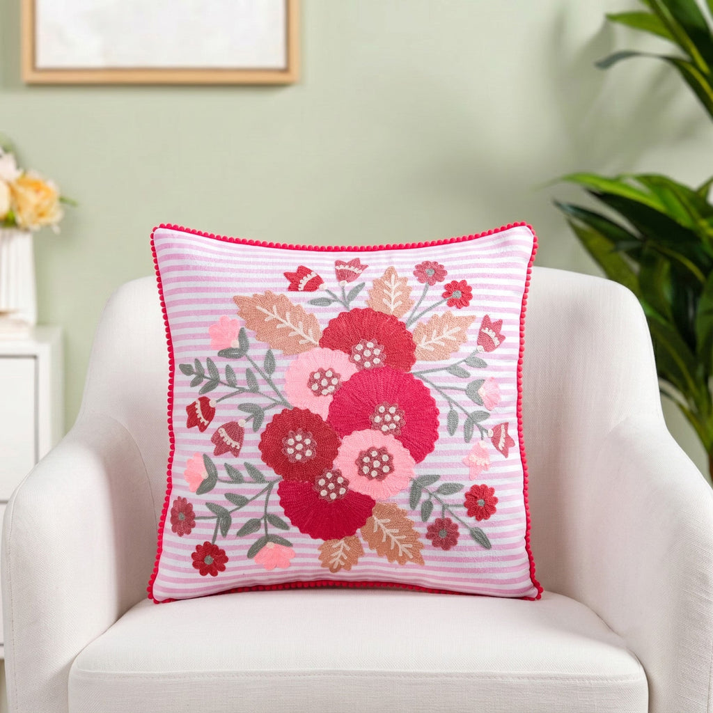 Pink Stripe Cotton Embroidered Cushion Cover 40x40cm Nestasia