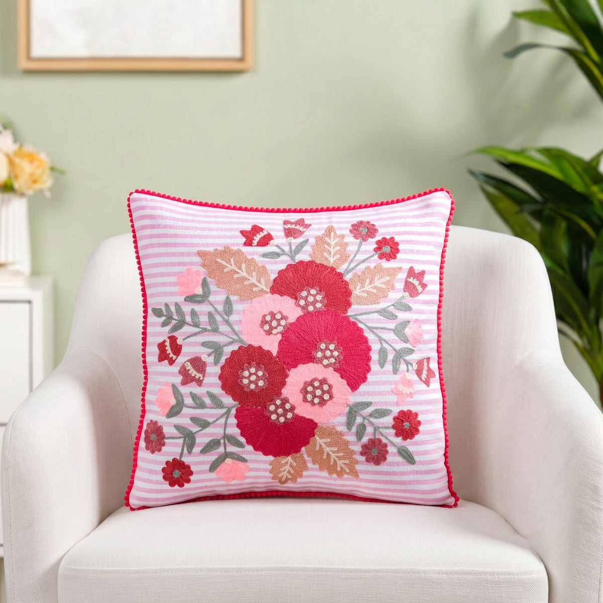 Pink Stripe Cotton Embroidered Cushion Cover 40x40cm Nestasia
