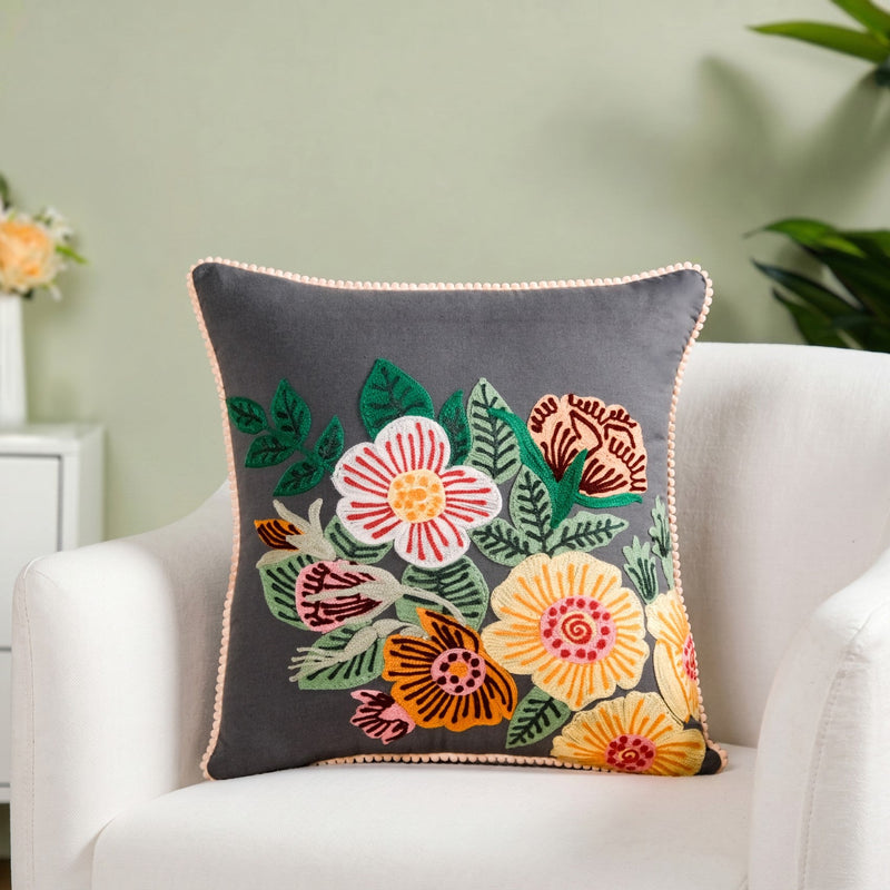 Midnight Garden Embroidered Cotton Cushion Cover 40x40cm Nestasia