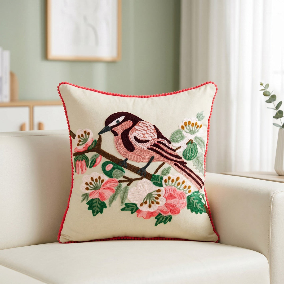 Songbird Bloom Embroidered Cushion Cover 40X40cm Nestasia