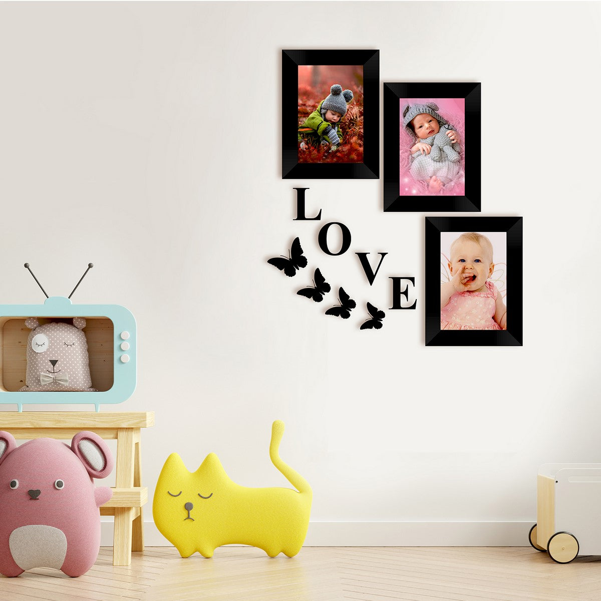 Memory Wall Collage Photo Frame - Set of 3 Photo Frames for 3 Photos of 4"x6", 1 Piece of LOVE, 4 Pieces of BUTTERFLIES Kafalo