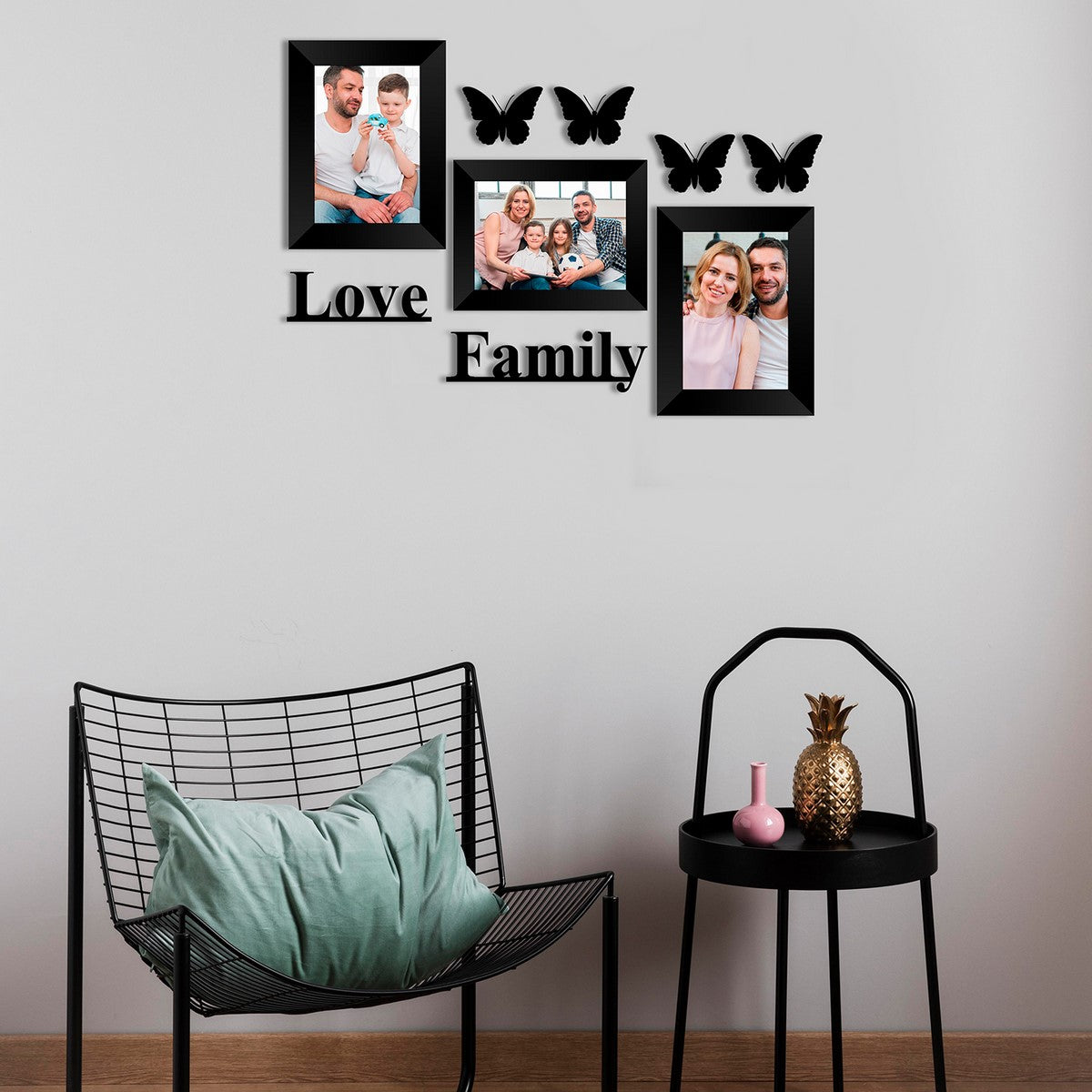 Memory Wall Collage Photo Frame - Set of 3 Photo Frames for 3 Photos of 5"x7", 1 Piece of LOVE, 1 Piece of FAMILY, 4 Pieces of BUTTERFLIES Kafalo