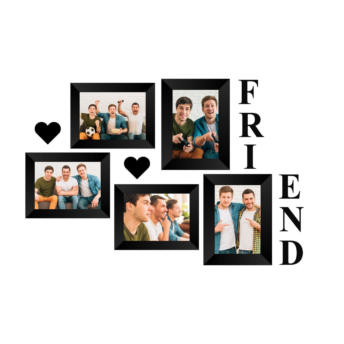 Memory Wall Collage Photo Frame - Set of 5 Photo Frames for 3 Photos of 4"x6", 2 Photos of 5"x7", 1 Piece of FRIENDS, 2 Pieces of HEARTS Kafalo