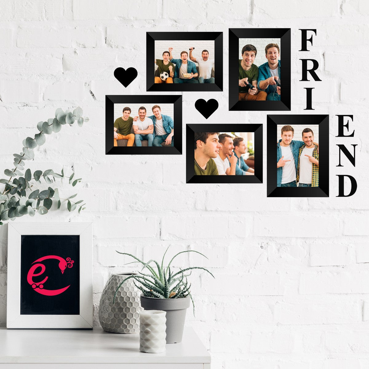 Memory Wall Collage Photo Frame - Set of 5 Photo Frames for 3 Photos of 4"x6", 2 Photos of 5"x7", 1 Piece of FRIENDS, 2 Pieces of HEARTS Kafalo