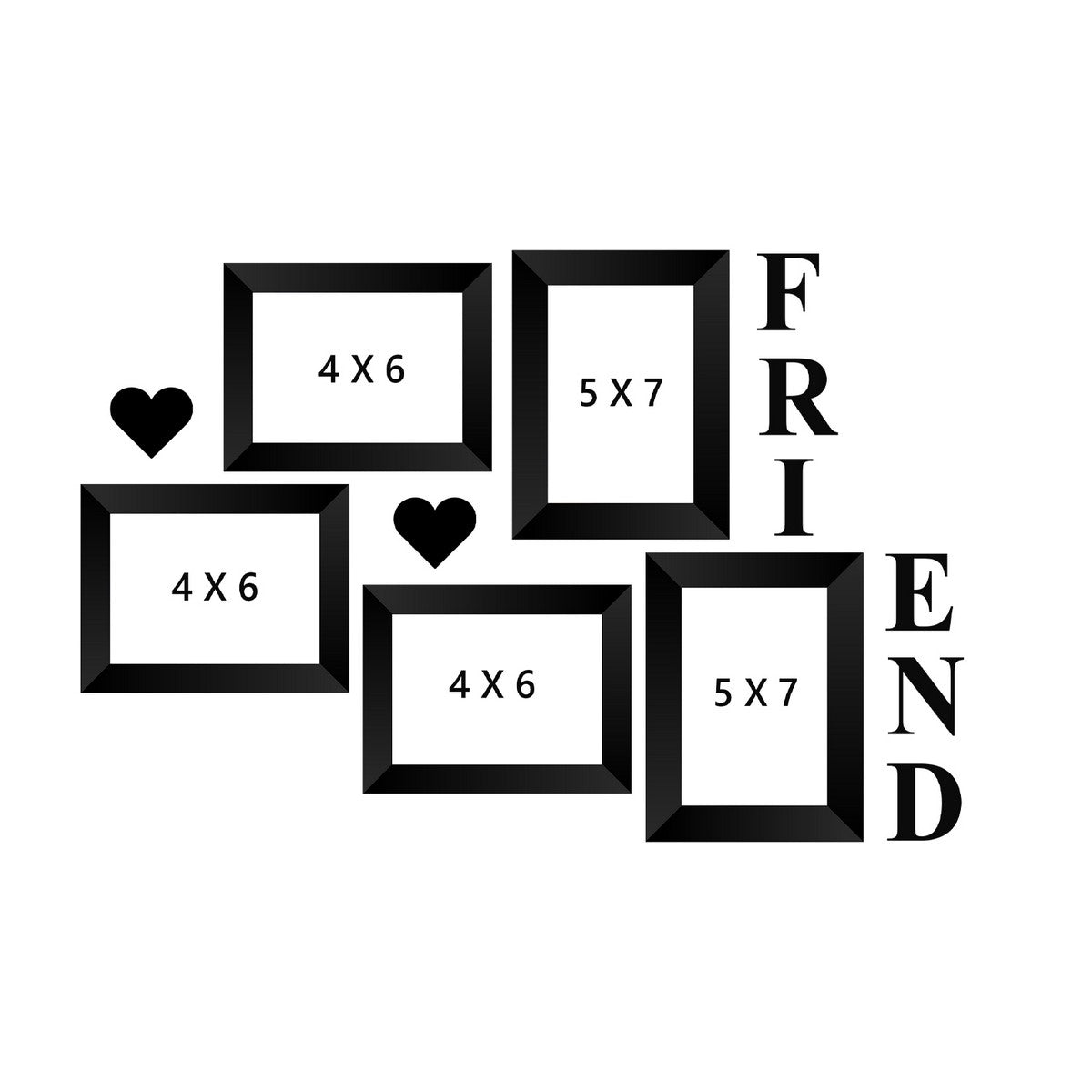 Memory Wall Collage Photo Frame - Set of 5 Photo Frames for 3 Photos of 4"x6", 2 Photos of 5"x7", 1 Piece of FRIENDS, 2 Pieces of HEARTS Kafalo