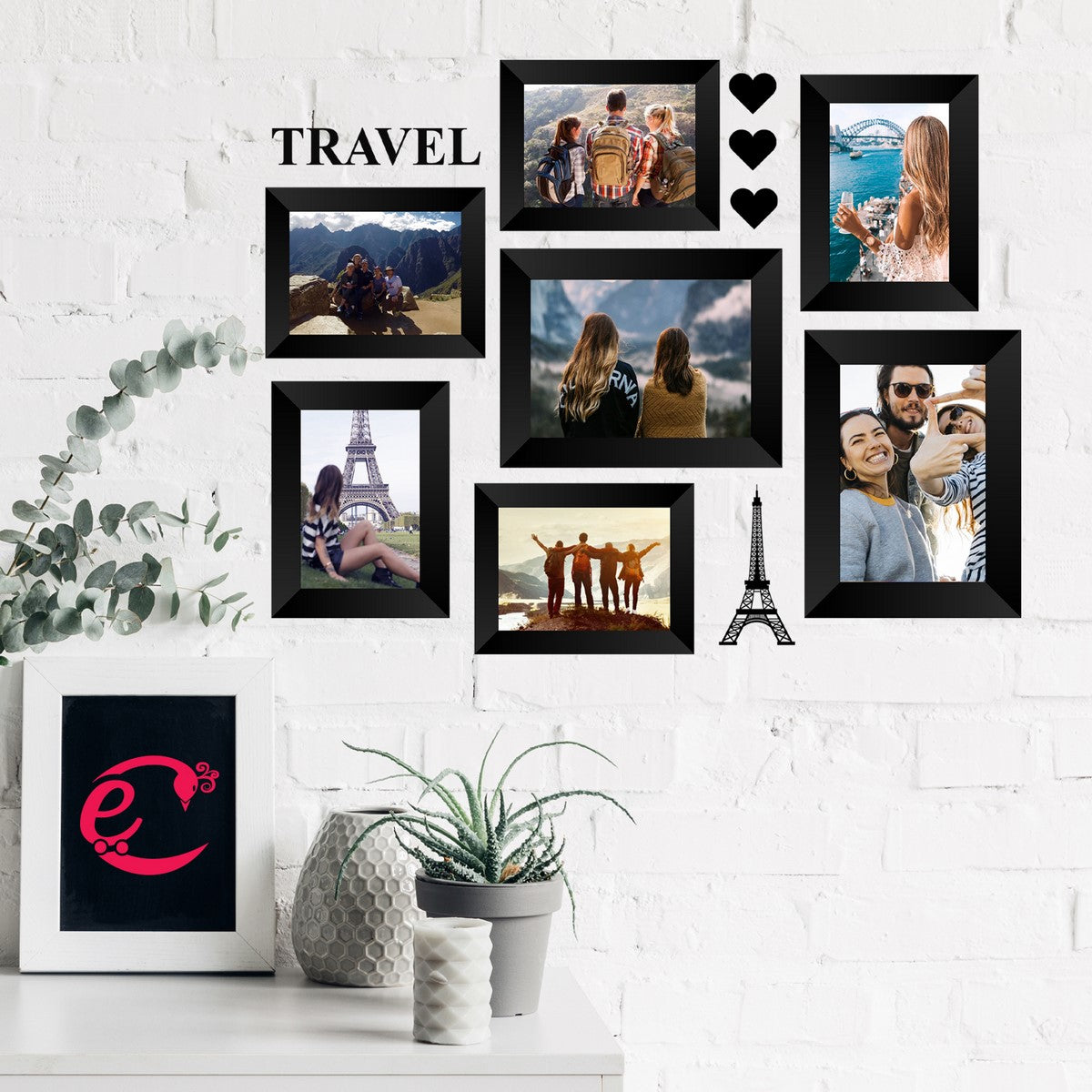 Memory Wall Collage Photo Frame - Set of 7 Photo Frames for 5 Photos of 4"x6", 2 Photos of 5"x7", 1 Piece of TRAVEL, 1 Piece of EIFFEL TOWER, 3 Pieces of HEARTS Kafalo