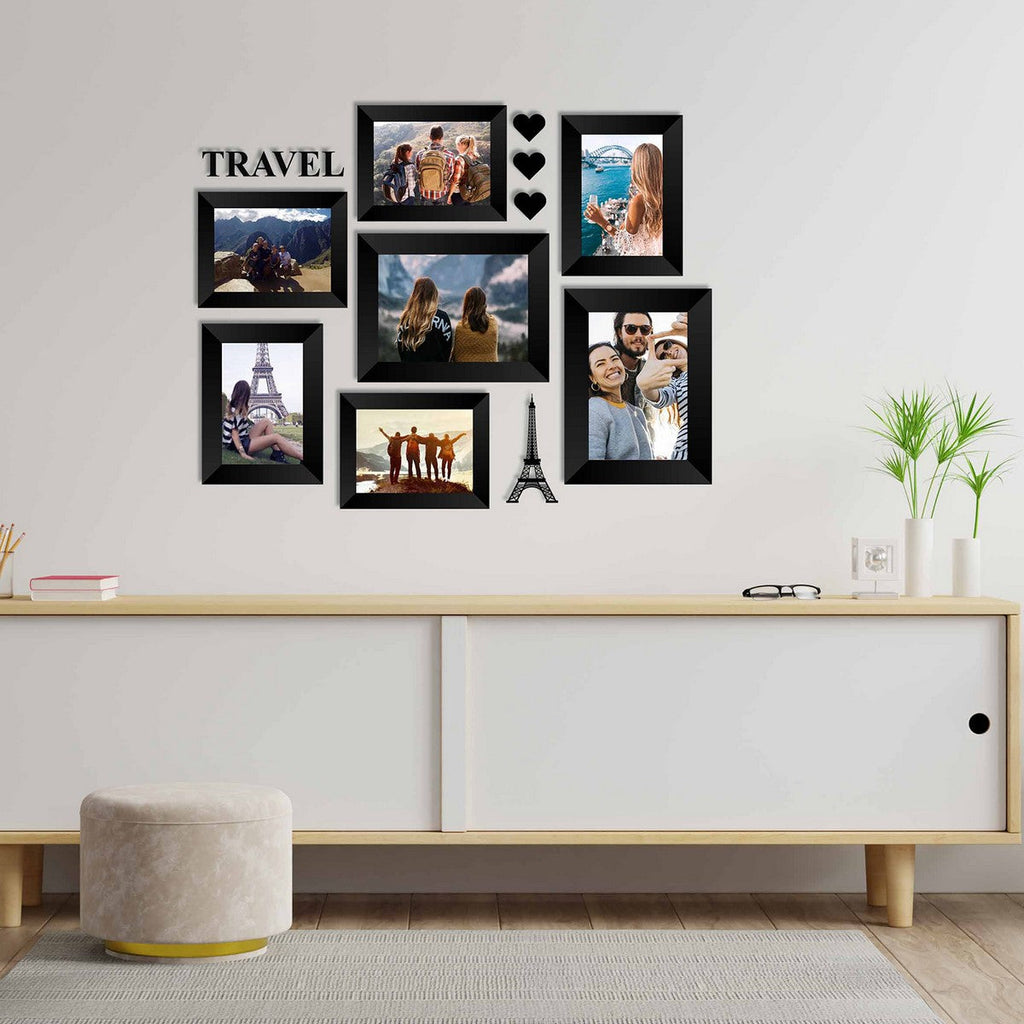 Memory Wall Collage Photo Frame - Set of 7 Photo Frames for 5 Photos of 4"x6", 2 Photos of 5"x7", 1 Piece of TRAVEL, 1 Piece of EIFFEL TOWER, 3 Pieces of HEARTS Kafalo