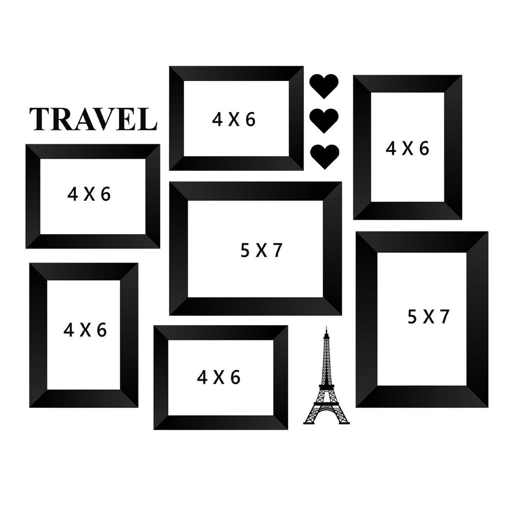 Memory Wall Collage Photo Frame - Set of 7 Photo Frames for 5 Photos of 4"x6", 2 Photos of 5"x7", 1 Piece of TRAVEL, 1 Piece of EIFFEL TOWER, 3 Pieces of HEARTS Kafalo