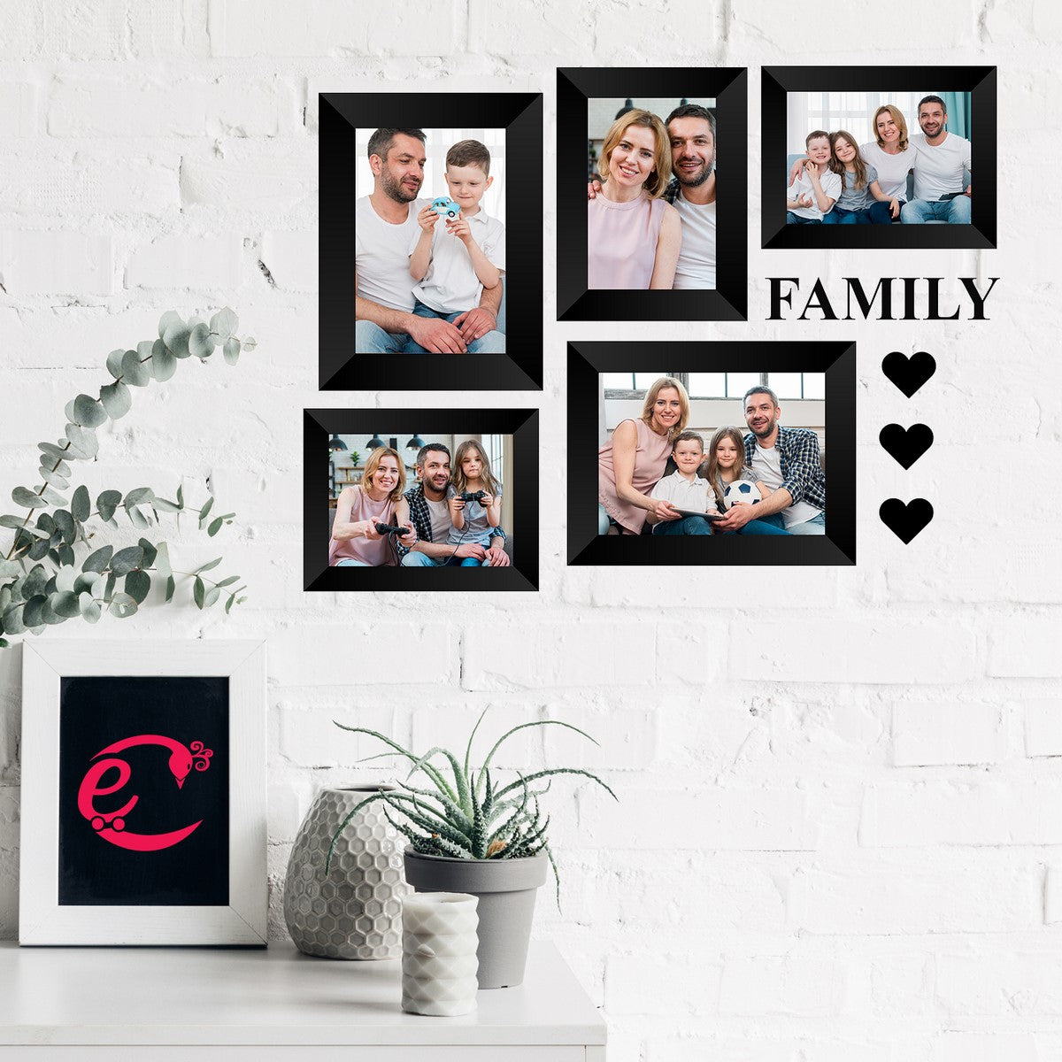Memory Wall Collage Photo Frame - Set of 5 Photo Frames for 3 Photos of 4"x6", 2 Photos of 5"x7", 1 Piece of FAMILY, 3 Pieces of HEARTS Kafalo