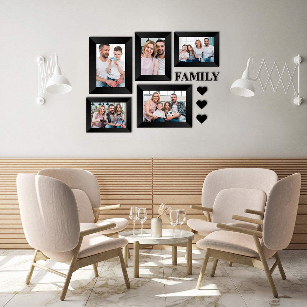Memory Wall Collage Photo Frame - Set of 5 Photo Frames for 3 Photos of 4"x6", 2 Photos of 5"x7", 1 Piece of FAMILY, 3 Pieces of HEARTS Kafalo