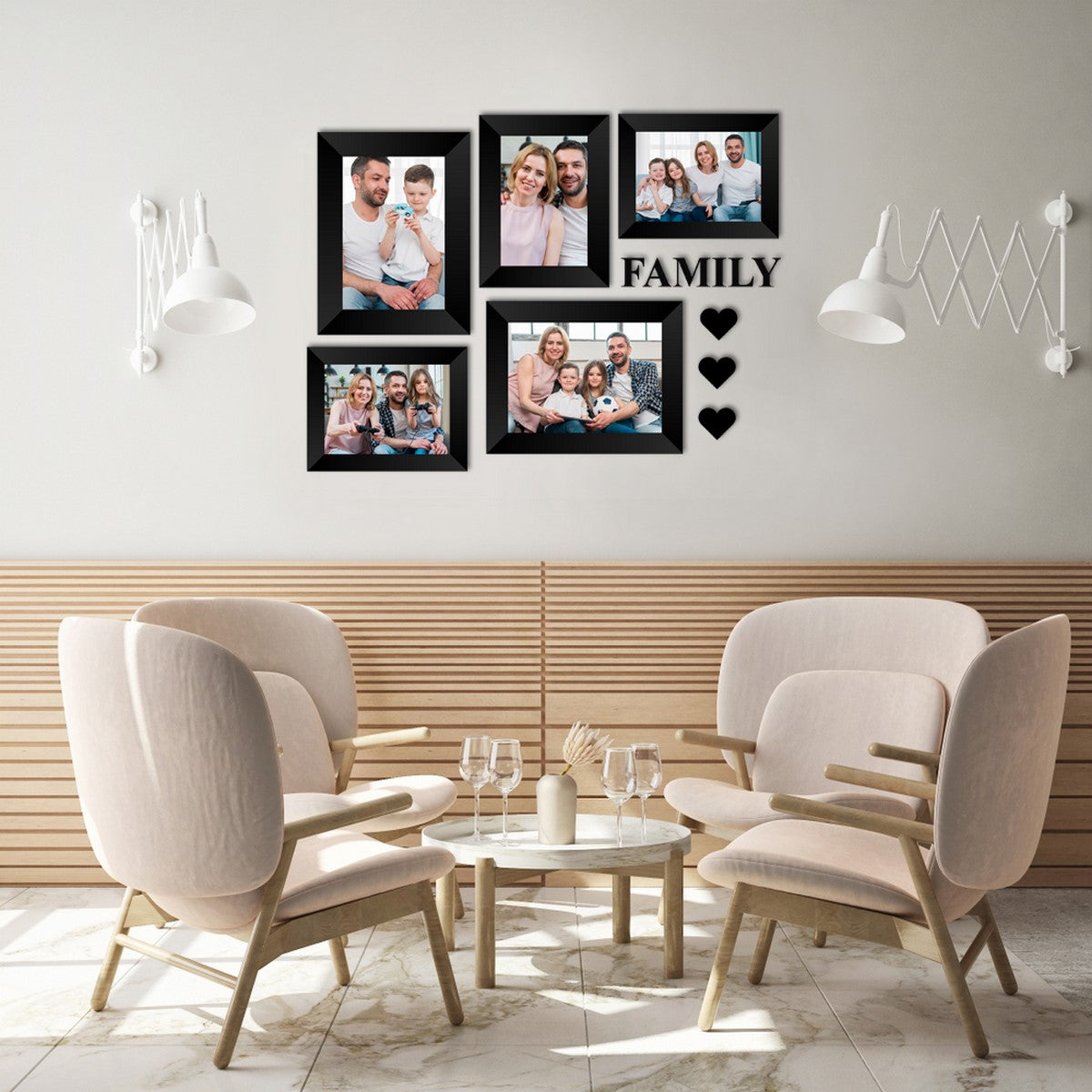 Memory Wall Collage Photo Frame - Set of 5 Photo Frames for 3 Photos of 4"x6", 2 Photos of 5"x7", 1 Piece of FAMILY, 3 Pieces of HEARTS Kafalo