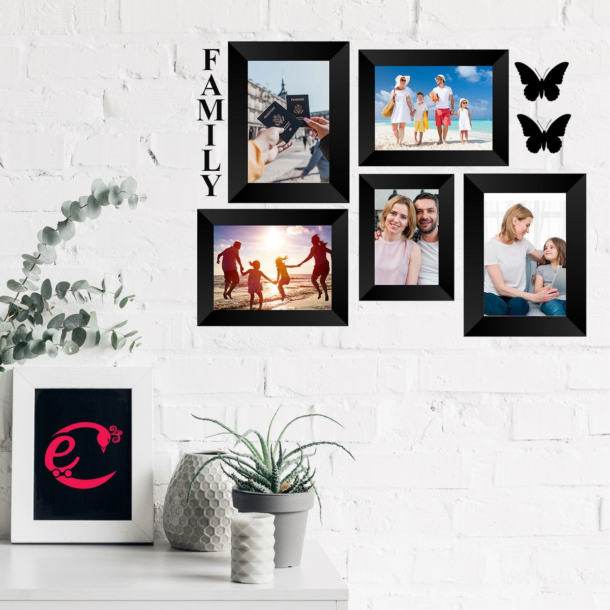 Memory Wall Collage Photo Frame - Set of 5 Photo Frames for 1 Photos of 4"x6", 4 Photos of 5"x7", 1 Piece of FAMILY, 2 Pieces of BUTTERFLIES Kafalo