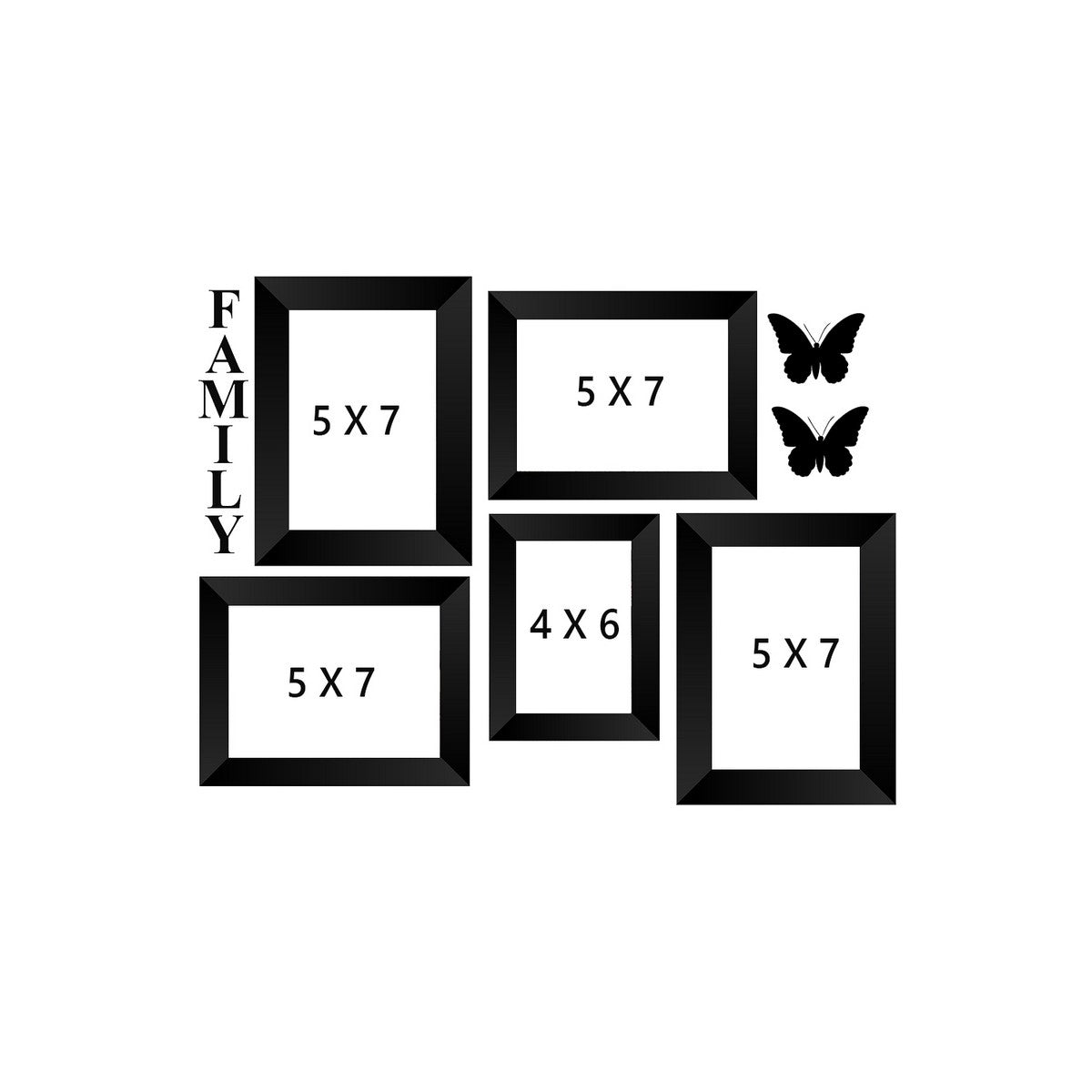 Memory Wall Collage Photo Frame - Set of 5 Photo Frames for 1 Photos of 4"x6", 4 Photos of 5"x7", 1 Piece of FAMILY, 2 Pieces of BUTTERFLIES Kafalo