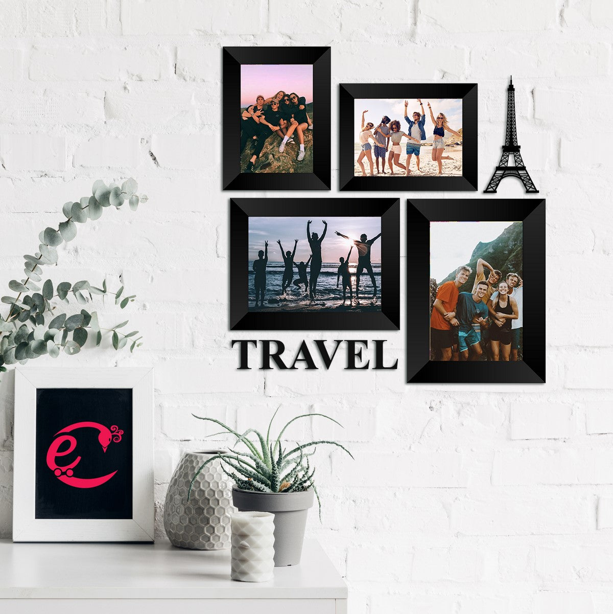 Memory Wall Collage Photo Frame - Set of 4 Photo Frames for 2 Photos of 4"x6", 2 Photos of 5"x7", 1 Piece of TRAVEL, 1 Piece of EIFFEL TOWER Kafalo