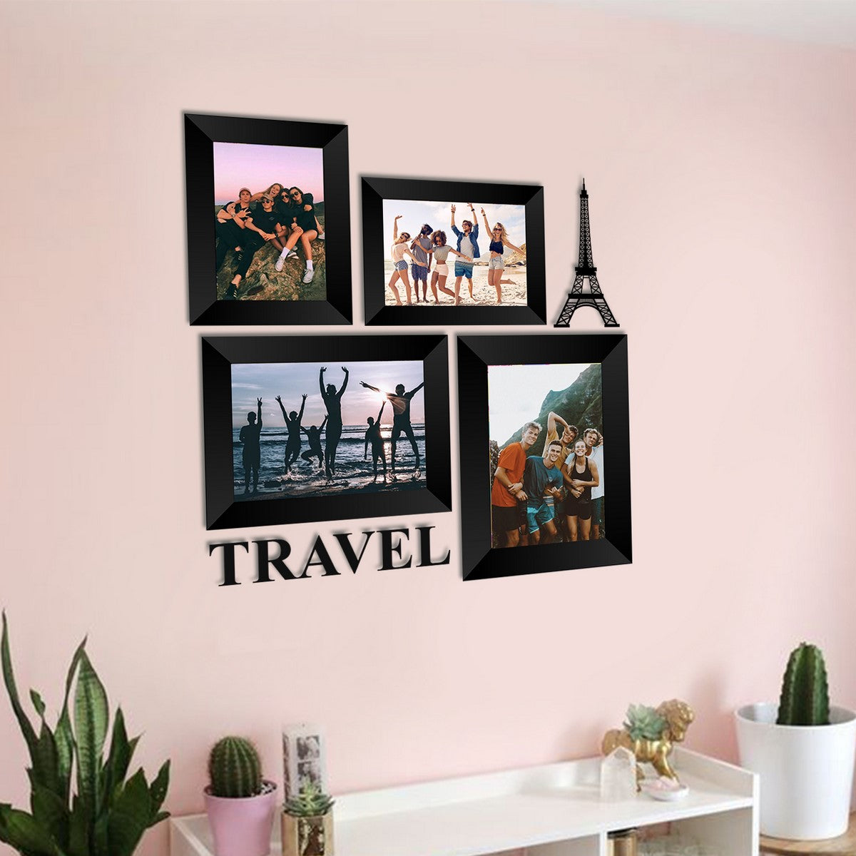 Memory Wall Collage Photo Frame - Set of 4 Photo Frames for 2 Photos of 4"x6", 2 Photos of 5"x7", 1 Piece of TRAVEL, 1 Piece of EIFFEL TOWER Kafalo