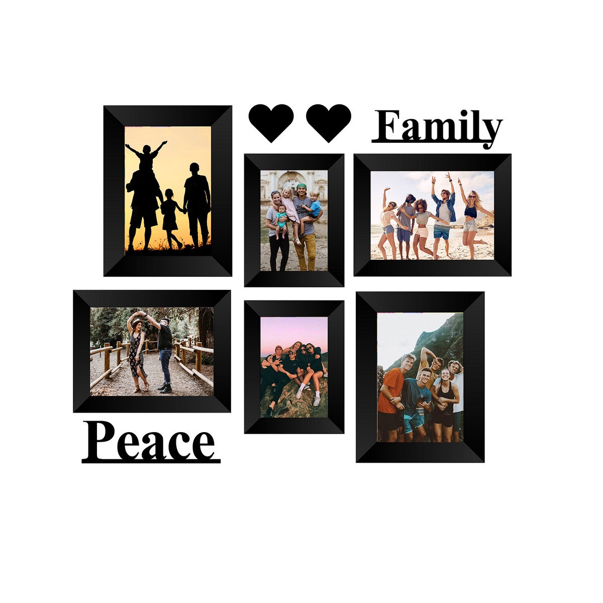 Memory Wall Collage Photo Frame - Set of 6 Photo Frames for 2 Photos of 4"x6", 4 Photos of 5"x7", 1 Piece of FAMILY, 1 Piece of PEACE, 2 Pieces of HEARTS Kafalo