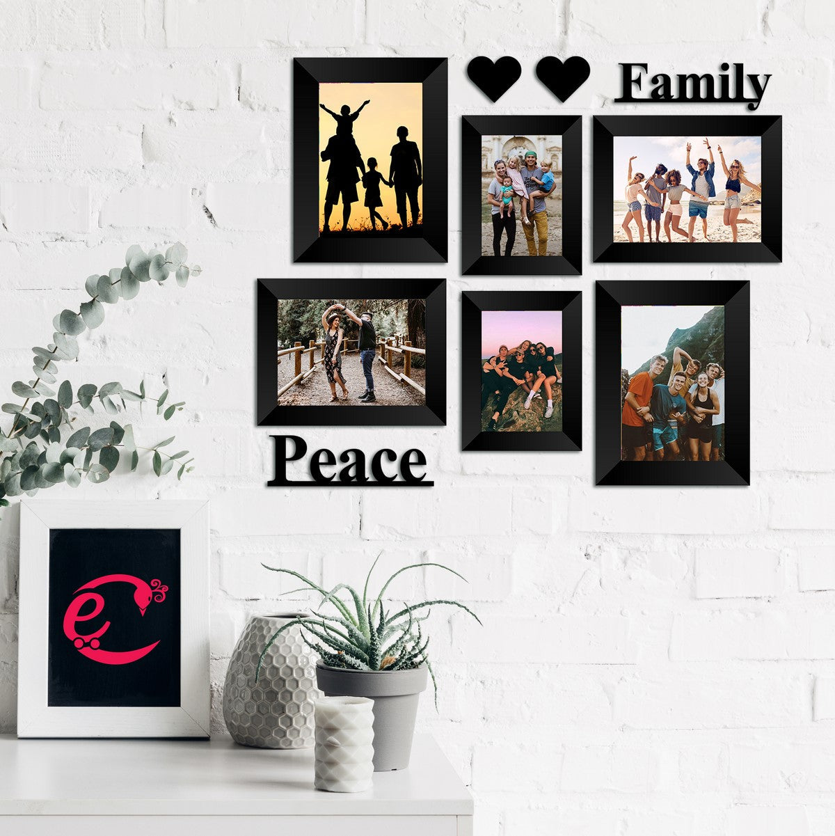 Memory Wall Collage Photo Frame - Set of 6 Photo Frames for 2 Photos of 4"x6", 4 Photos of 5"x7", 1 Piece of FAMILY, 1 Piece of PEACE, 2 Pieces of HEARTS Kafalo