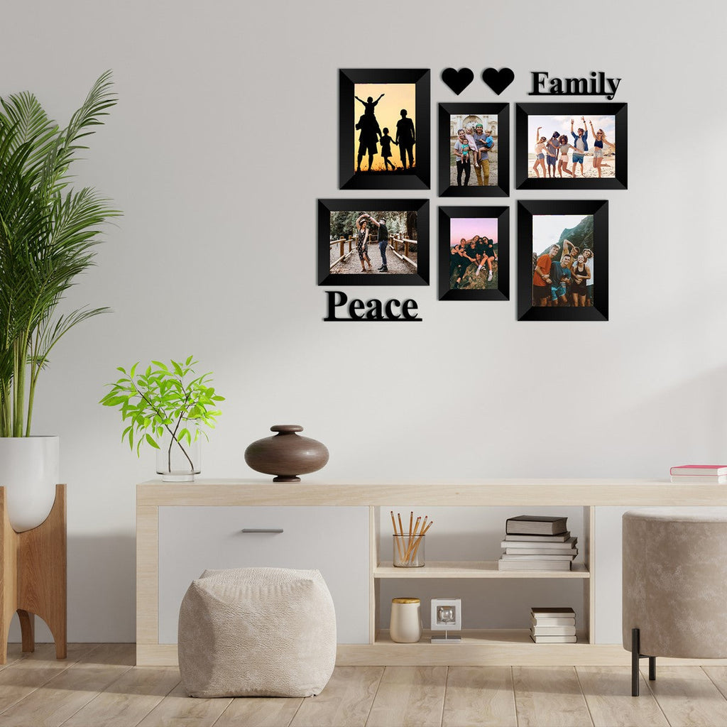 Memory Wall Collage Photo Frame - Set of 6 Photo Frames for 2 Photos of 4"x6", 4 Photos of 5"x7", 1 Piece of FAMILY, 1 Piece of PEACE, 2 Pieces of HEARTS Kafalo