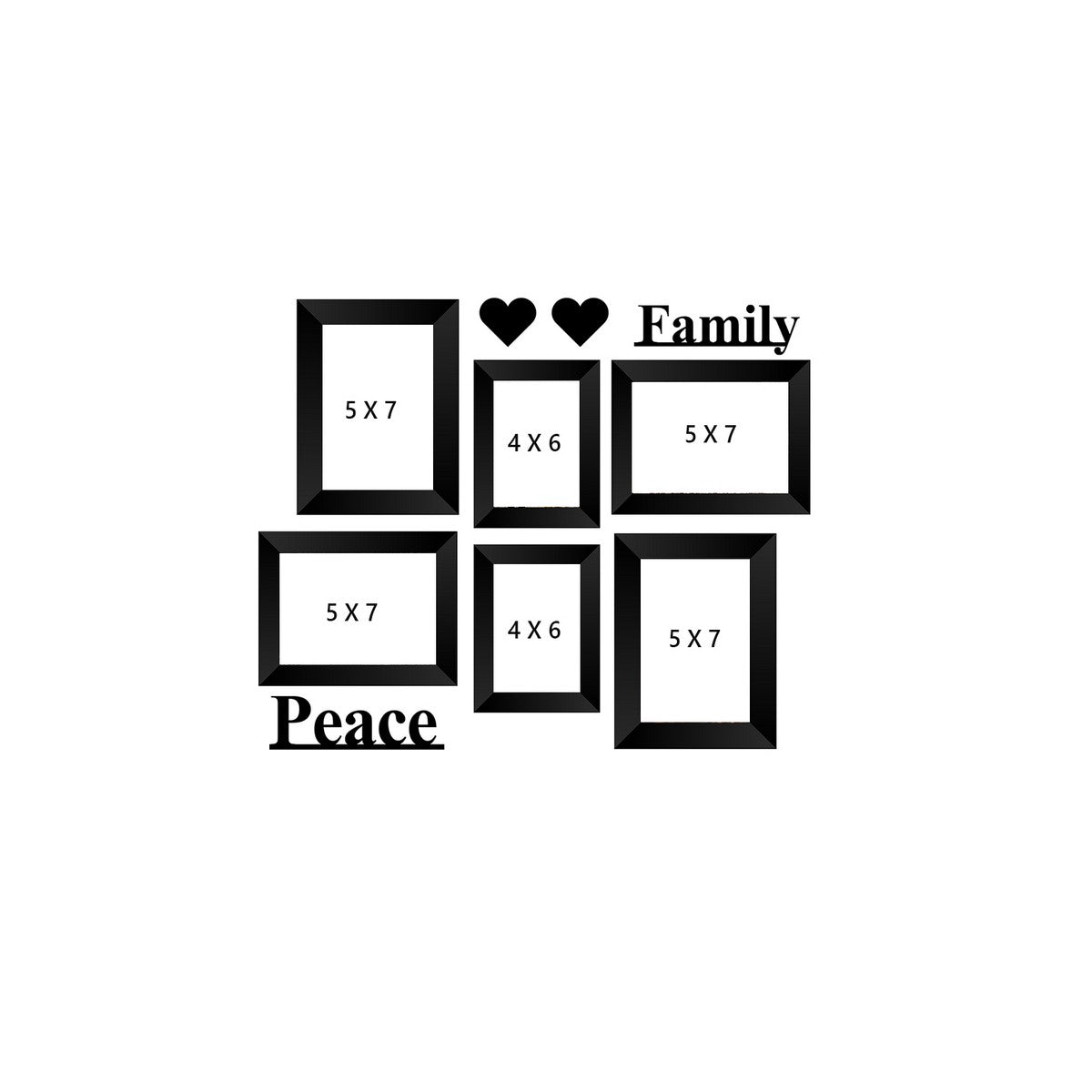 Memory Wall Collage Photo Frame - Set of 6 Photo Frames for 2 Photos of 4"x6", 4 Photos of 5"x7", 1 Piece of FAMILY, 1 Piece of PEACE, 2 Pieces of HEARTS Kafalo