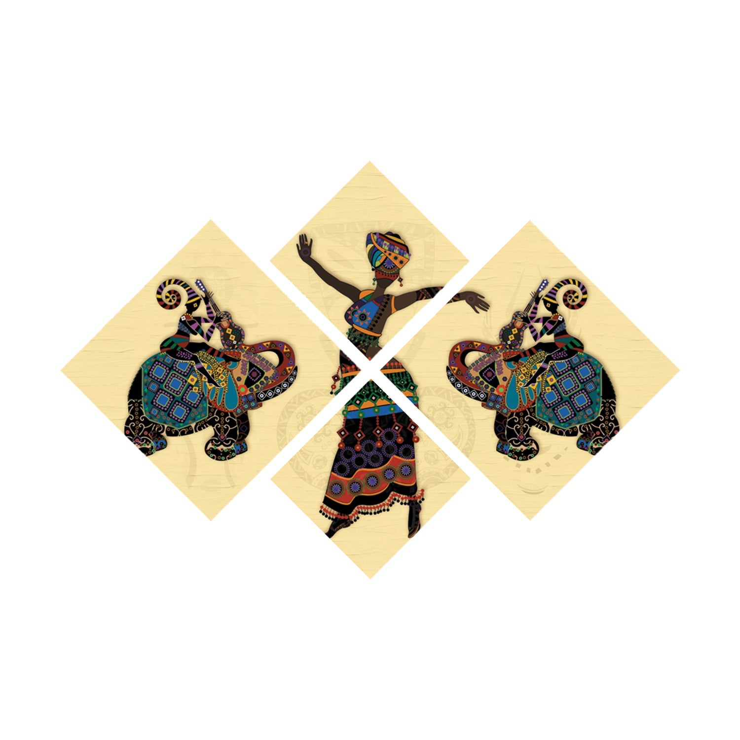 Set Of 4 Elephant Design Premium Canvas Painting Kafalo